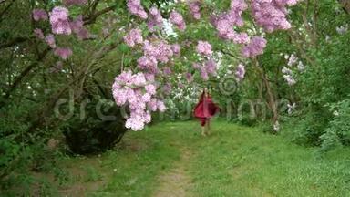 女孩带着盛开的紫薇花在花园里快乐地离去